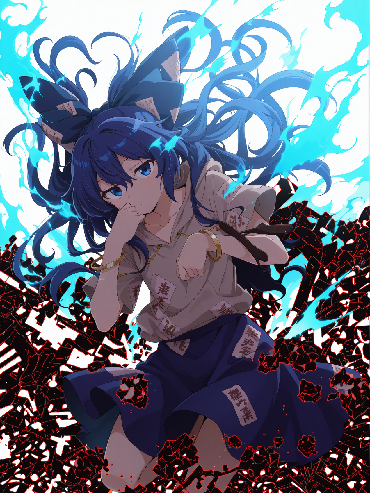 absurdres, highres, masterpiece, best quality, amazing quality, official anime artwork, screencap, anime screencap, dynamic pose, looking at viewer, 
 <lora:Shion-Yorigami-Illustrious:1> yorigami shion, 1girl, solo, blue eyes, blue hair, long hair,, hair bow, grey hoodie, short sleeves, blue skirt, bracelet, 
aura,  blue fire, broken, collarbone, crack, debt, drawstring,