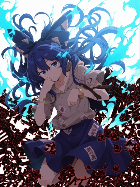 absurdres, highres, masterpiece, best quality, amazing quality, official anime artwork, screencap, anime screencap, dynamic pose, looking at viewer, 
 <lora:Shion-Yorigami-Illustrious:1> yorigami shion, 1girl, solo, blue eyes, blue hair, long hair,, hair bow, grey hoodie, short sleeves, blue skirt, bracelet, 
aura,  blue fire, broken, collarbone, crack, debt, drawstring,