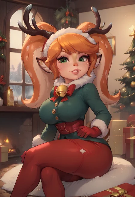 (score_9, score_8_up, score_7_up,) masterpiece,( high quality:1.1),( best quality:1.1),detailed,detailed eyes,perfect eyes,detailed,detailed hands,perfect hands,detailed,detailed legs,perfect hands,
1girl, Sfpoppy, yordle, shortstack, animal nose, animal ears, deer girl, antlers, long hair, orange hair, twintails, green eyes,
perfect lips,curvy, perfect naturally huge breast,huge thighs, perfect round huge ass,toned ass, long legs, perfect ratio proportioned face,perfect eyes, curvy shape, hourglass body, perfect waist to hip ratio, perfect female body,
solo,sitting,naughty face.looked at viewer,bites lips.
winter clothes, red pants, gloves, fur trim, 
indoors,festive background,winter for window,christmas tree,