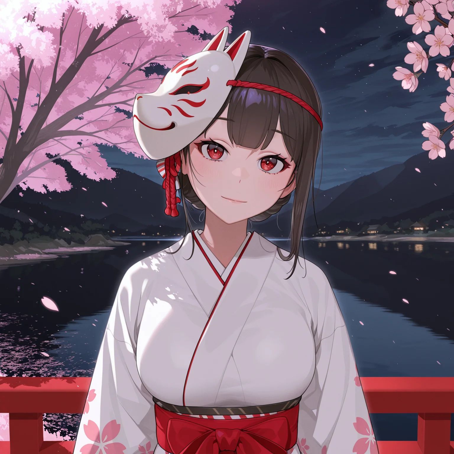 masterpiece, best quality, t4bbt0, 1girl, fox mask, japanese clothes, japan, outdoors, cherry blossoms, lake, solo, looking at viewer, night,