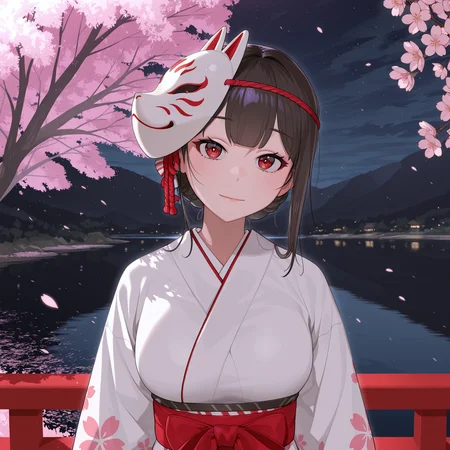 masterpiece, best quality, t4bbt0, 1girl, fox mask, japanese clothes, japan, outdoors, cherry blossoms, lake, solo, looking at viewer, night,