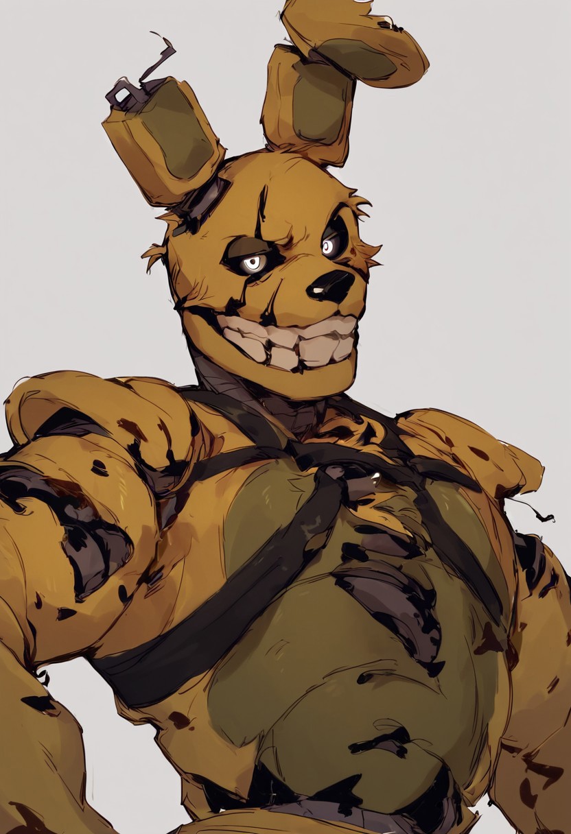 score_9, score_8_up, score_7_up, ((springtrap)), upper body, muscular, heavy pecs, male focus, close mouth, grin, solo, chest harness, (animatronic), black sclera, white eyes, solo, masterpiece, best quality