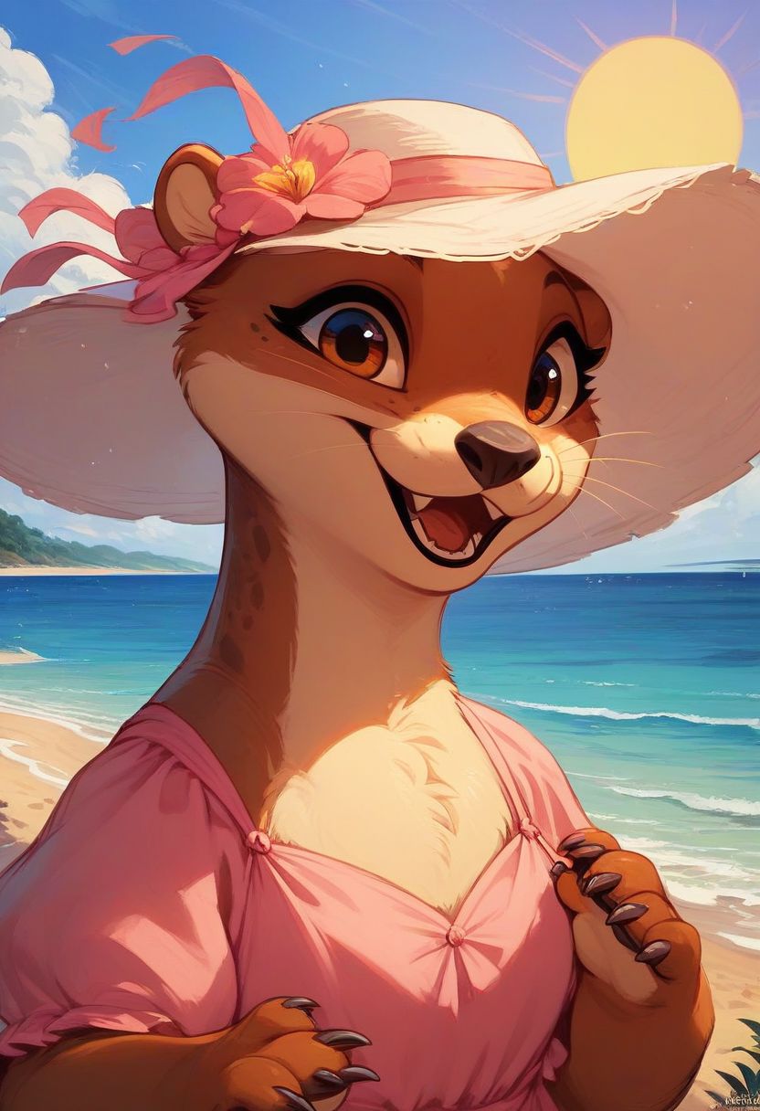 score_9, score_8_up, score_8, solo, fluffy, (feral), outdoors, furry, (((otter))), female, claws, (fluffy cheeks:0.7), (pink dress:1.5), (upper body shott:1.5), (solo:2), sea, beach, (talking), (happy expression), sun hat, brown eyes, look at viewer