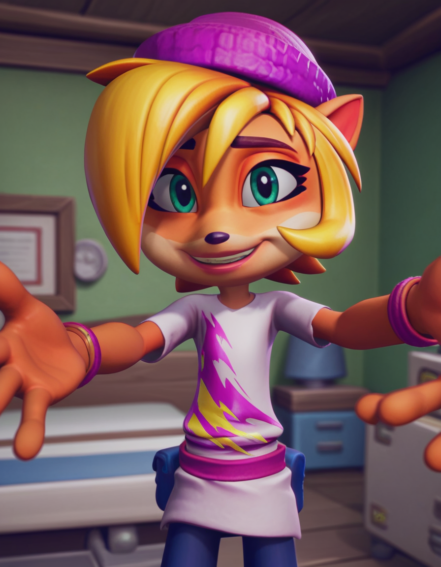 score_9, score_8_up, score_7_up, source_anime, <lora:coco-bandicoot-totally-tubular-ingame4-ponyxl-lora-nochekaiser:1>, coco bandicoot, short hair, blonde hair, green eyes, pointy ears, furry, 3d, shirt, hat, torn clothes, striped shirt, pants, hospital room, bedside, get well flowers, comforting, quiet, smile, looking at viewer, on back, arm support, arms up, incoming hug, pov, reaching, reaching towards viewer,, solo,, cowboy shot, dutch angle,