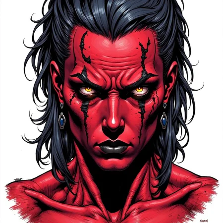 babel-pencil,A spectral figure with rich, deep red skin, every pore and crease vivid against a stark, blinding white background, stares forward with intensity, his expression a mix of sorrow and silent fury. His eyes are an intense silver, reflecting like mirrors and capturing every flicker of light, set deeply under a prominent brow. Fine cracks run across his cheeks, glowing faintly with a golden hue, and his hair falls in inky, slick strands, sharp and defined against the background. His lips are painted black, matching the twin jet-black lines drawn vertically over each eye, adding a ceremonial air to his expression, as if he is part of some unholy rite. The contrast between the vivid red of his skin and the stark white background makes every detail of his face almost painfully clear, creating an unforgettable, powerful image., in style of comic book,,