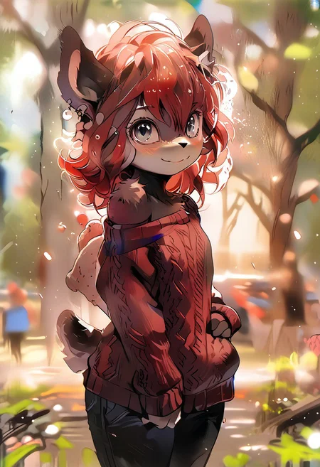 score_9, score_8_up, score_7_up, score_6_up, ((furry, sally acorn as a male, brown fur, two-toned fur, short hair, bangs, blue eyes, short tail, animal ears)), solo, standing in a field, castle in background, red flowers, smiling, slight smile, eyes closed, blushing, summer day, sunlight, hand on hip, sassy hipsway, coy cute, oversized sweater, maroon sweater, sweater hanging off shoulder, hipsway, flat chest, chest fur, fur tuft, sfw, dark grey pants, <lora:Tokifuji_Style_PonyXL:.7>, (highly detailed:1.2), (intricate:1.2), (best quality:1.2),(8k:1.2), (sharp:1.2), (majestic:1.2), natural lighting, detail++
