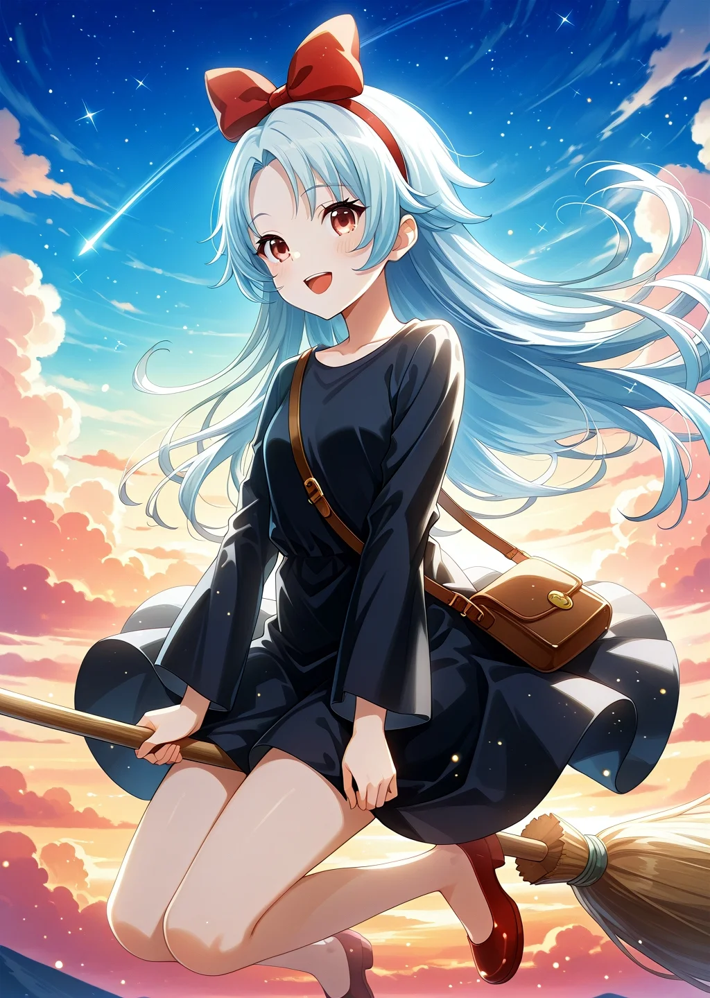, , , , ,masterpiece, best quality, amazing quality, very aesthetic, absurdres, newest,
eyesHD, high gradient eyes, detailed eyes, high definition eyes,general, ,
shiro, 1girl, solo, long hair, brown eyes, blue hair, red eyes,(kiki \(majo no takkyuubin\) \(cosplay\)), broom riding, black dress, bag, solo, broom, sky, dress, hair bow, red hairband, bow, looking at viewer, brown bag, open mouth, outdoors, long hair, cloud, blue sky, hairband, red bow, :d, day, blush, long sleeves, bow hairband, shoes, bare legs, no socks, red footwear, flying sky, witch, fantasy,