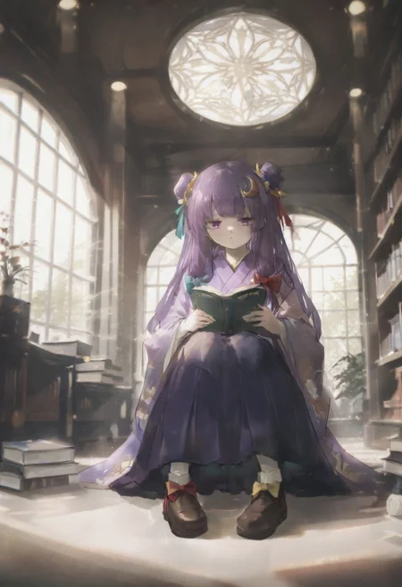 volumetric lighting, ambient occlusion, luminescent background, masterpiece, very awa,library,indoors, a girl sitting and holding a book, beam of light, light through window
BREAK
patchouli knowledge, 1girl, solo, purple eyes, purple hair, long hair, sidelocks,, patchouli knowledge \(great library at the hieda residence\), alternate costume, no headwear, hair bun, double bun, hair ornament, blue bow, yellow bow, red bow, aqua bow, crescent hair ornament, purple kimono, floral print, long sleeves, wide sleeves, yellow obiage, purple obi, hakama skirt, footwear bow, brown boots, holding book,