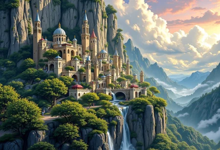 Create an impressive fantasy city etched into the side of a mountain, featuring elaborate architectural elements. This city includes several domed structures, grand statues, and expansive bridges that link various city sections. Positioned within a verdant setting of steep cliffs and cascading waterfalls, the city evokes a feeling of amazement and marvel fantasy, concept art, sharp focus, clear, harmony, serenity, tranquility, soft pastell colors,ambient occlusion, cozy ambient lighting, masterpiece, liiv1, linquivera, metix, mentixis, masterpiece, award winning,