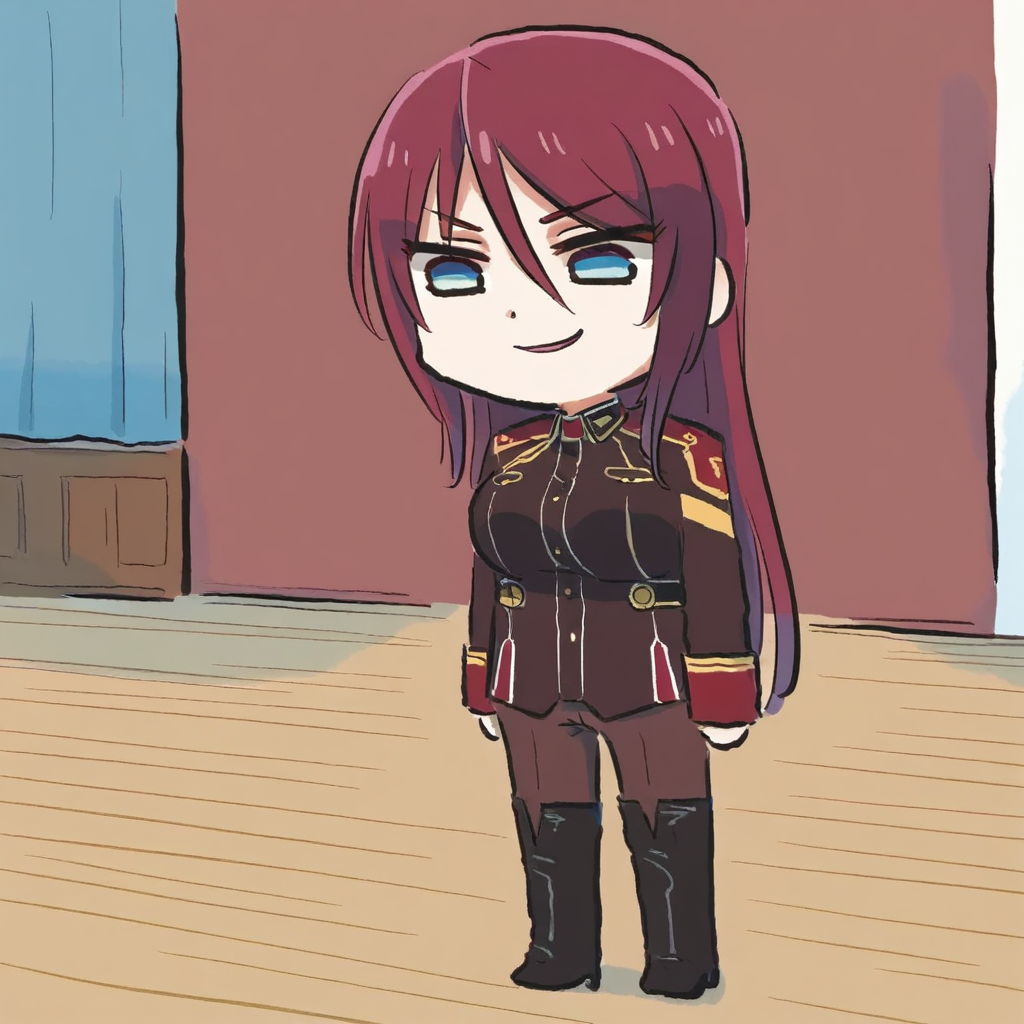 newest stylish, extreme aesthetic, 1girl, solo, BeatriceKushan, standing, on floor, indoors, wooden floor, full body, chibi, bk's uniform, bk's pants, bk's thigh boots, evil smile, looking down, xinzoruo, <lora:Bea&KilaKushan-ilxi01:0.5>, <lora:XinzoruoStyle2_AnimagineXLv3:0.7>