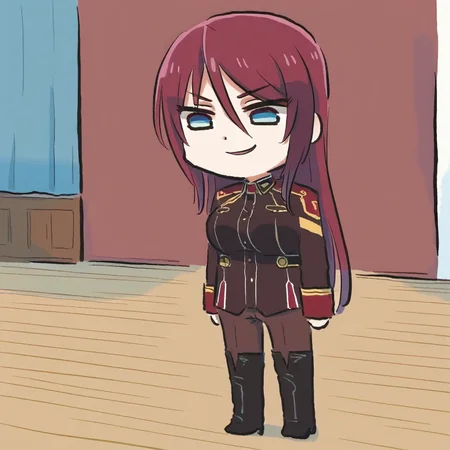 newest stylish, extreme aesthetic, 1girl, solo, BeatriceKushan, standing, on floor, indoors, wooden floor, full body, chibi, bk's uniform, bk's pants, bk's thigh boots, evil smile, looking down, xinzoruo, <lora:Bea&KilaKushan-ilxi01:0.5>, <lora:XinzoruoStyle2_AnimagineXLv3:0.7>