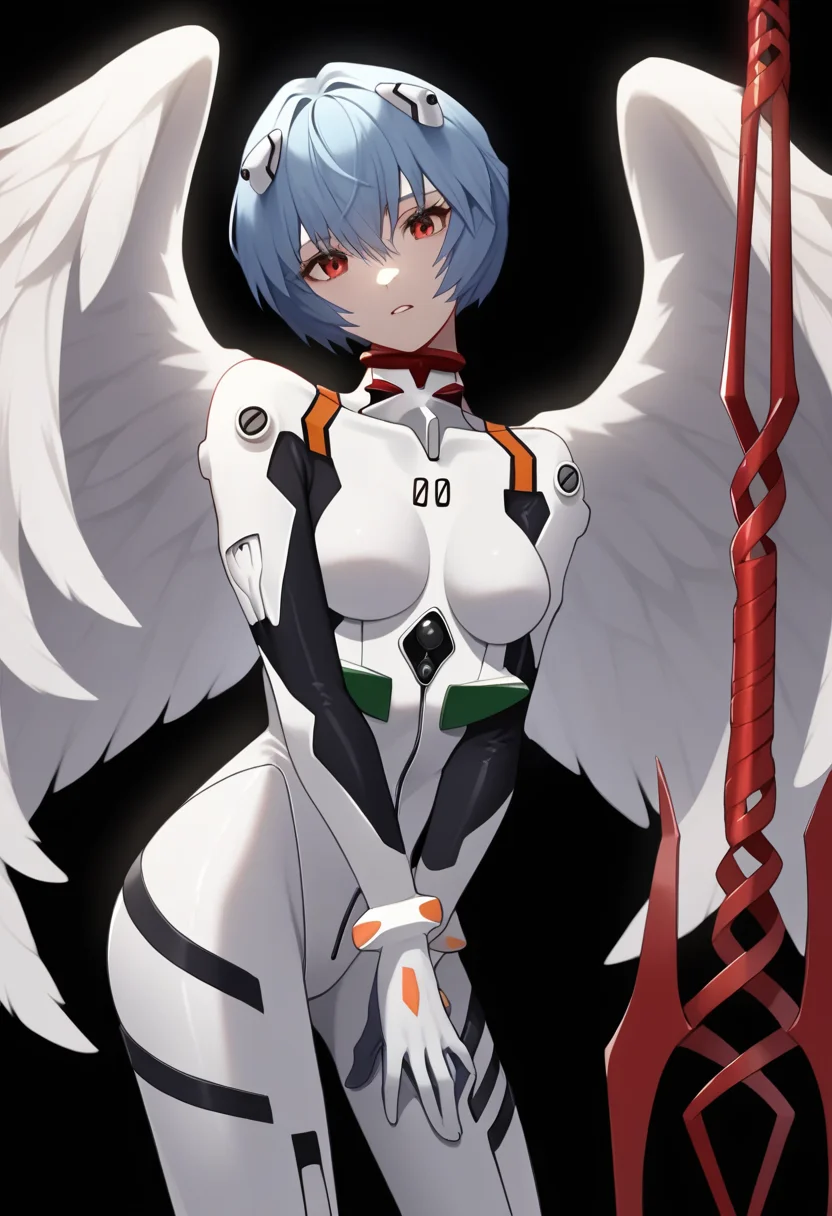 score_9,score_8_up,score_7_up,<lora:eva_pony:1>,1girl, ayanami_rei, angel_wings, solo, cowboy_shot, plugsuit, highres, lance_of_longinus_\(evangelion\), white_bodysuit, scar_on_neck, commentary, torn_bodysuit, hand_on_own_chest, looking_at_viewer, interface_headset, simple_background, white_wings, bident, head_tilt, polearm, hairpods, feathered_wings, hand_between_legs, black_background, parted_lips