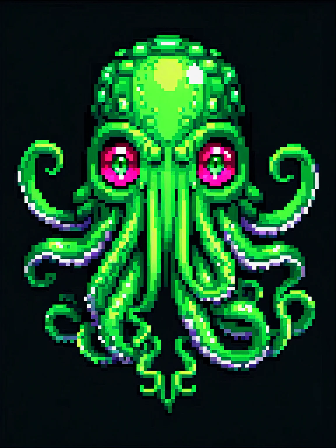 pixel art, cartoon illustration, tentacle green shield, lovecraft, Cthulhu, ruby gem eyes, simple black background, game icon