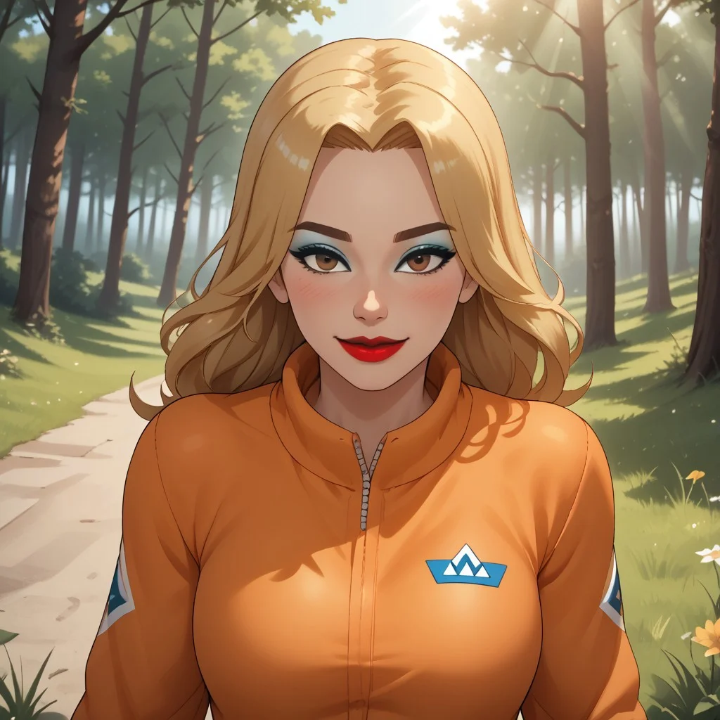 score_9, score_8, BREAK, solo, wii, mii, wii sports, 1girl, female mii, cute, attractive, blonde hair, brown eyebrows, brown eyes, makeup, blush, blue eyeshadow, red lips, lipstick, orange clothing, white pants, shoes, breasts, nintendo mii, modern_mii, classic_mii, Marilyn_(OC_Mii), sexy pose, self portrait, smile, outdoors, sunlight, shadows, evening lighting, natural lighting, forest, trees, grass, orange sky, sunset