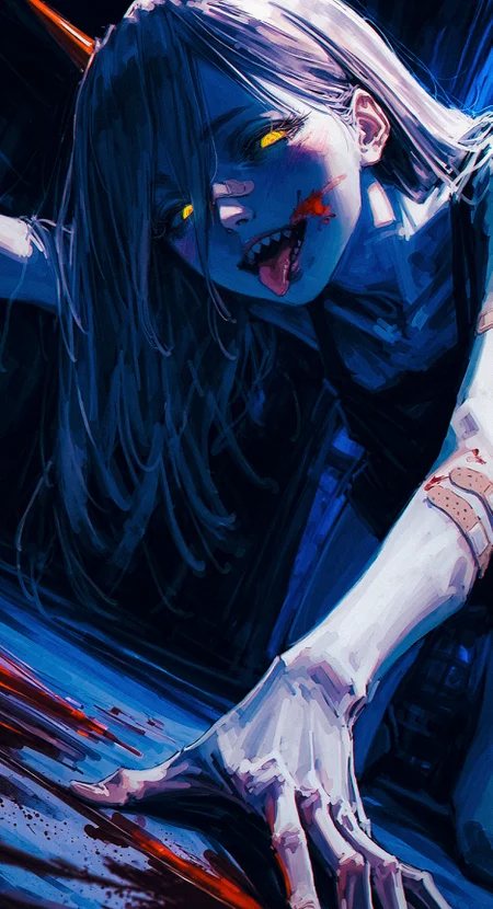 (by akipeko, by nepperoni, by narue:1.3), (by tatsumi \(psmhbpiuczn\):1.15), (by wlop:0.5), blue theme, blue color limited palette, 
<lora:nhl-001-20:0.8> nhl-001, <lora:nhl-002-wai-20:0.9> nhl-002, 
realistic painterly,   
1girl, solo,  power \(chainsaw man\), yandere, smug, half-closed eyes, close-up face, from above,  blood on face, blood splatter,  tongue out, blush, reaching, open hand, (bandaid on arm:1.2), 
lips, nose,  detailed background, dynamic perspective,   (dutch angle:1.2), dark background, dark theme, 
very awa, best quality, highres, masterpiece,
 <lora:noobai_vpred_1_niji_composite:0.6> photo background, photo bashing