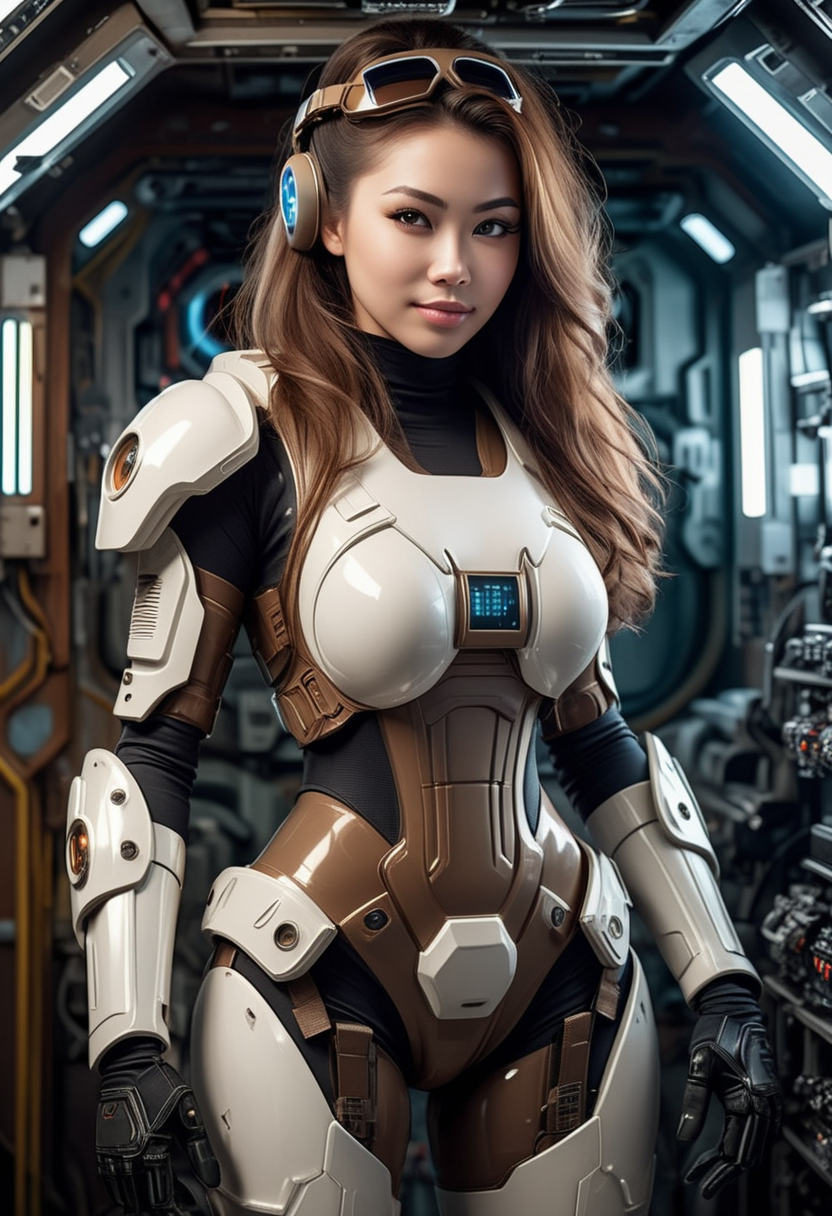 (medium full shot) of (futuristic futuristic soldier) young woman, voluptuous build, extra long brown hair, chinese, light skin, light brown eyes, wearing a tactical helmet with HUD display, Nano-fiber chrome composite plated exo-suit with fusion reactor, armored boots, laser gun, combat gloves night vision goggles, set in  spaceship engine room, dimly lit with the glow of diagnostic screens, the hum of power conduits, the occasional hiss of steam escaping , at sunset, woman smiling, ,Masterpiece,best quality, raw photo, realistic, very aesthetic