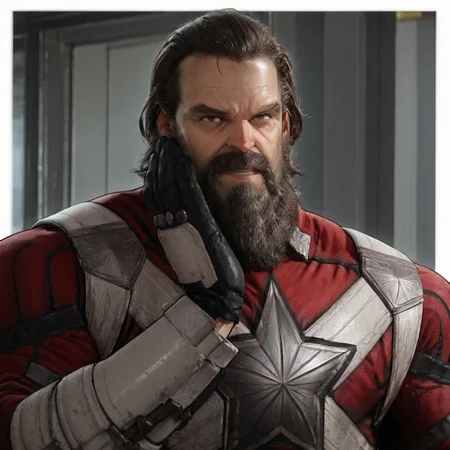 masterpiece, best quality, newest, absurdres, highres, Diz_D00dz, white borders around characters, soft light, BREAK, 1man, 1boy, RedGuardian, thick eyebrows, strong jaw, facial hair, unshaven beard, black eye, one gold tooth, long mustache, {{beefy}}, {{muscular}}, {{large}}, close up to face