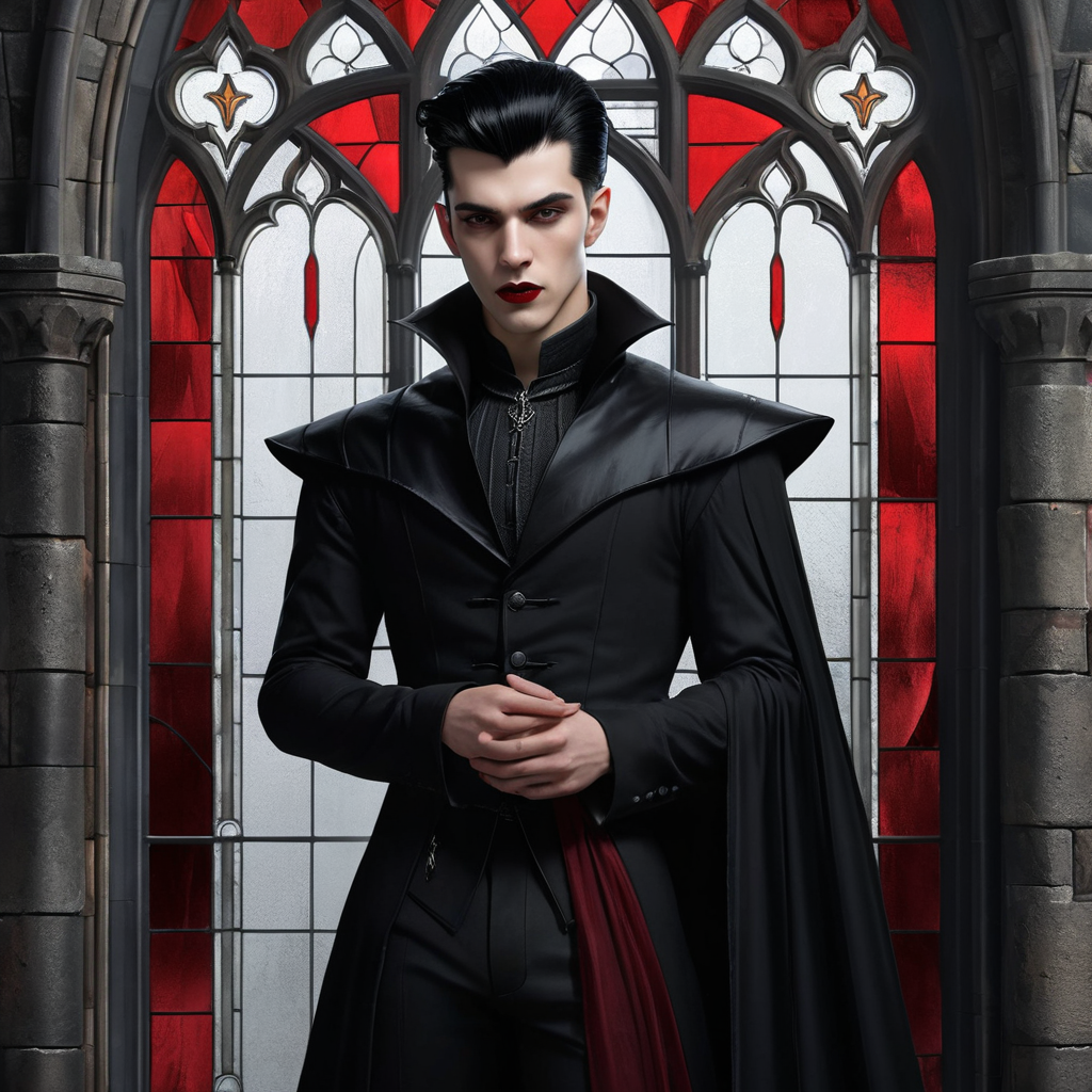 photo realistic, young  vampyr, gothic castle, vampyr boy,  pale skin,  black hair,  , bangs, ,  giant epic castle, stained glass background, black capes, dark red lipstick, slim body
<lora:tendril_bangs_v1.9:1.5>