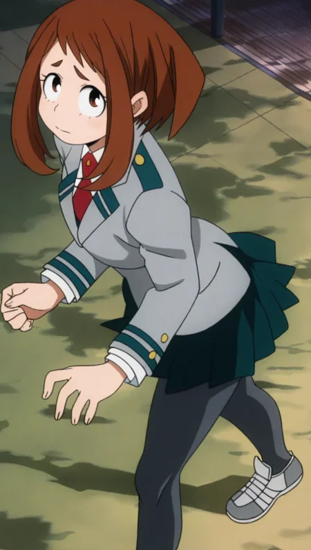 source_anime, masterpiece, best quality, amazing quality, anime screencap, high quality, 8k, absurdres, official style, 1girl, solo, looking at viewer, standing, confused, <lora:Ochako_Uraraka_iL:1>, 0ch4k0 ur4r4k4, brown eyes, brown hair, sidelocks, short hair, grey school outfit, grey blazer, school uniform, necktie, red necktie, skirt, pleated skirt, black pantyhose, grey shoes,