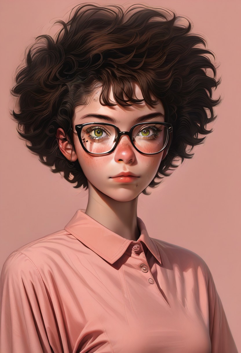1girl, pretty face, freckles, manic pixie, dark hair, 
nerdy tshirt, seductive, glasses, 
FOV medium shot, 
simple pastel lilac background,
score_9,score_8_up