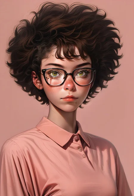 1girl, pretty face, freckles, manic pixie, dark hair, 
nerdy tshirt, seductive, glasses, 
FOV medium shot, 
simple pastel lilac background,
score_9,score_8_up
