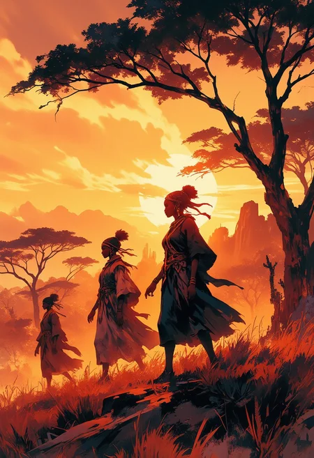 Mh1$AgThS2, intricate linework with expressive contrasts, soft lighting with dynamic highlights, image of African tribeswomen walking across a grassy savannah with acacia trees, silhouetted at sunset, chiascuro, In the style of ff-td