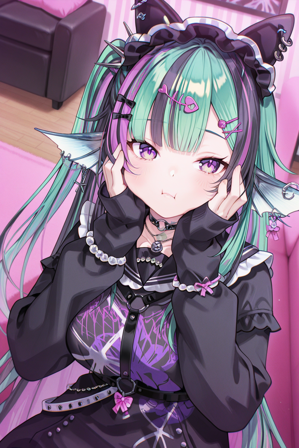 1girl, FinanaRyuguNijisanji, 
general, solo, dutch angle, from above, upper body,
purple eyes, large breasts, 
jirai kei, 
hair bow, shell hair ornament, piercing,
hairband, 
fish hair ornament, heart o-ring,
hairclip, x hair ornament,
earrings, 
neck tattoo, o-ring choker, necklace,
black sailor collar,
long sleeves, sleeves past wrists, bracelet, 
black dress, chest harness, black belt,
jewelry, 
sitting, looking at viewer, face in hands, puff out cheeks,
indoors, living room,
<lora:kp_FinanaRyuguNijisanji4thCostumeIllustrious_v1_0:1.0>,
masterpiece, best quality, amazing quality