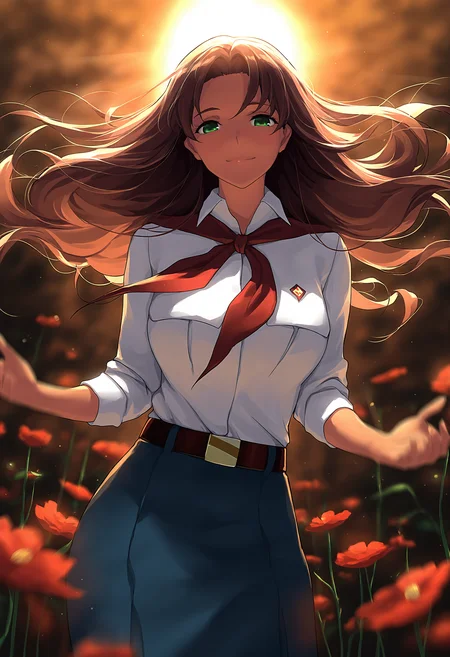 masterpiece, best quality, amazing quality, very awa,
 <lora:Everlasting Summer - Olga Dmitryevna v1 - NoobAI 1.0 V-Pred:1> olgadm, 1girl, long hair, brown hair, solo, green eyes, breasts, red neckerchief, blue skirt, belt, white shirt, mature female, (tan:0.8),
(1girl), solo,  (sun), floating, sun:2, motion blur, smile, (sunlight:1.2), chromatic aberration, depth of field, soft lighting, highly detailed face, highly detailed eyes, highly detailed eyes, (flower pettals falling), d <lora:noobai_vpred_1_masterpieces_v23:0.7> masterpiece, best quality, very aesthetic