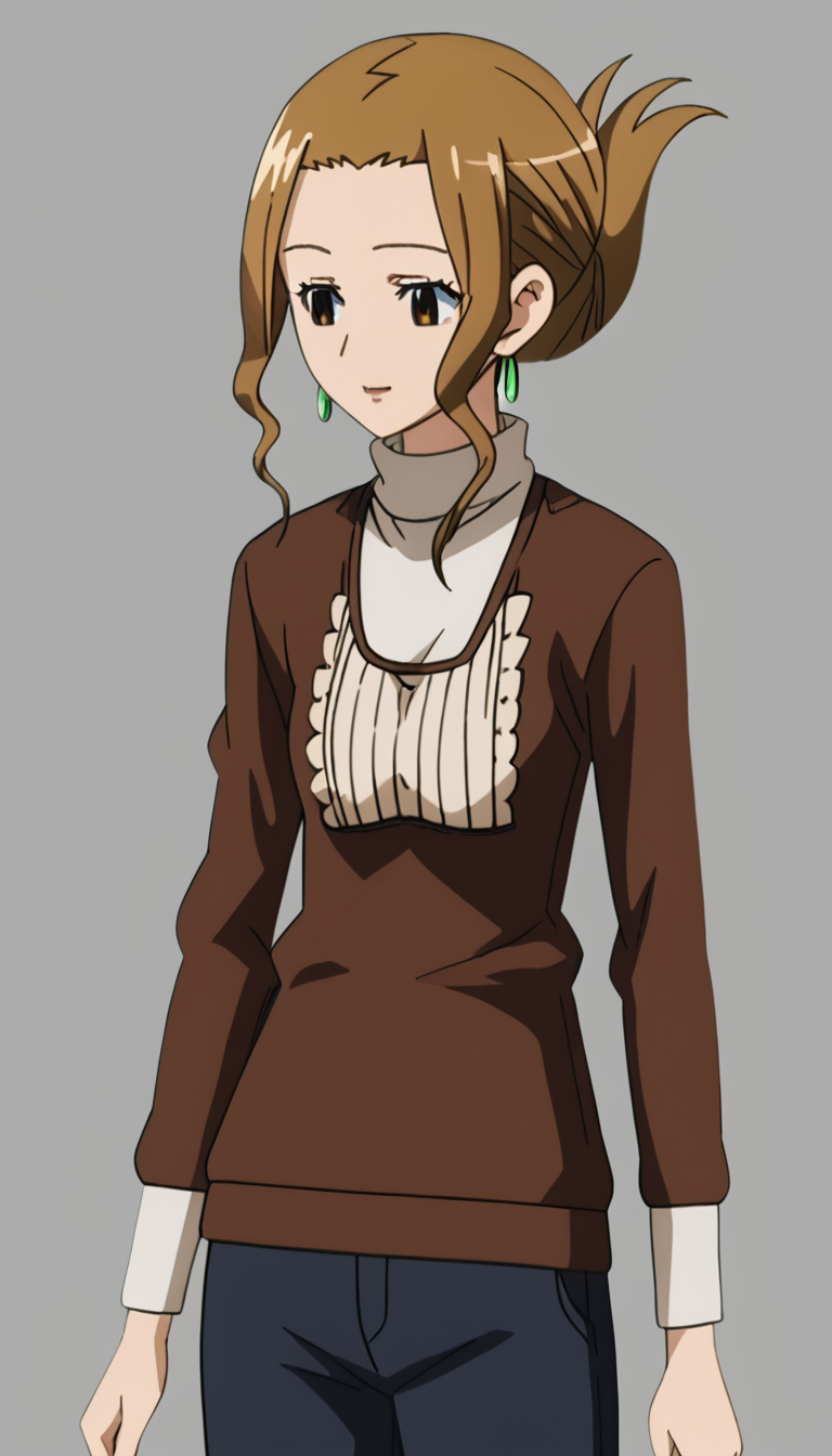 suzumother,1girl,brown eyes,earrings,brown hair,folded ponytail,<lora:Suzus_Mother-000007:1>,turtleneck,sweater,pants,, anime screencap,score_9,simple background,