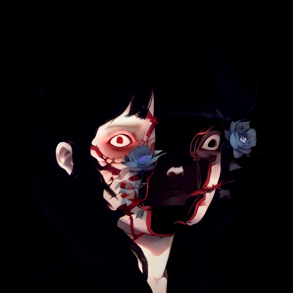 creepy, black hair, bangs, open clothes, white skin, red wire, blue flower, house, adult woman, portrait