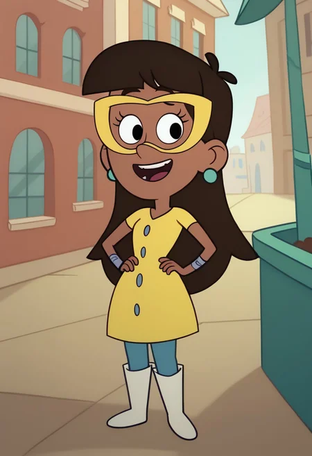 score_9, score_8_up, score_7_up, BREAK VicSol, 1girl, brown skin, long dark brown hair, blunt bangs, black eyes, yellow glasses, cyan pearl earrings, right arm metal bracelet, short-sleeved buttoned yellow dress, blue tights, long white boots, full body, solo, solo focus, alone, happy at viewer, cartoon, source_cartoon,