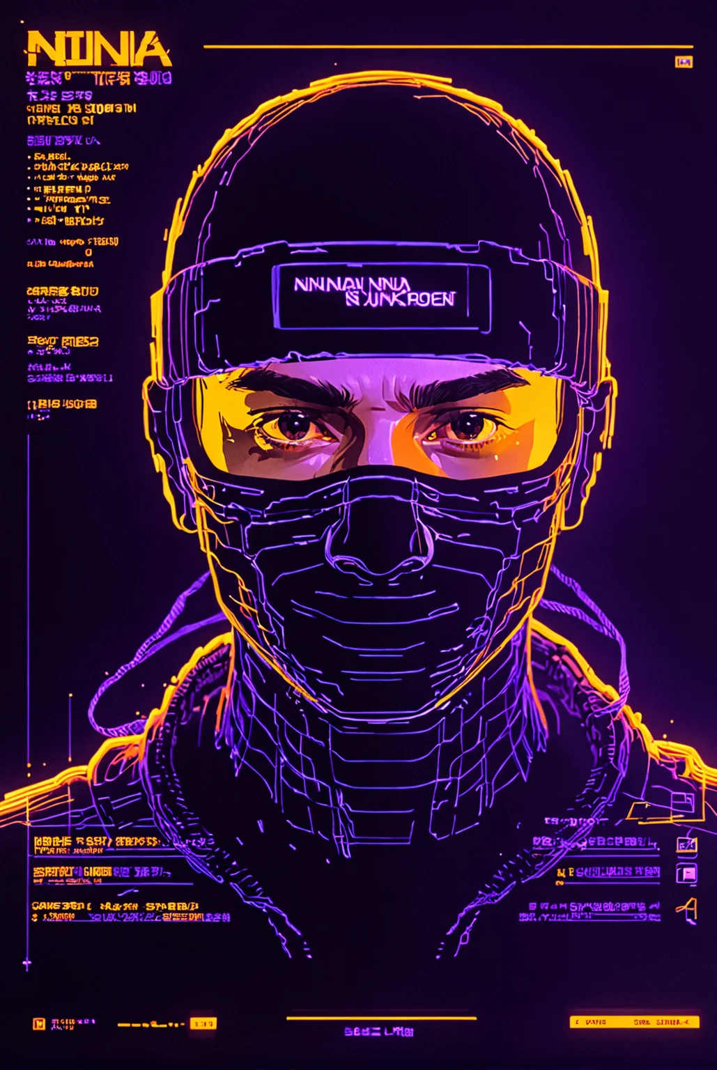 Ninja, hooded, aqua wireframe of 1boy, vhs grain, yellow lighting, orange reflections, CRT grain, white noise glitch, purple lineart, portrait, english text, UI display, HUD, cloaked
[high quality photo, 4k, hd, 7-AnalogueInterfaces, 7-vectors]
<lora:add-detail-xl:0.5> <lora:CRT Vectors v1.0:0.8>