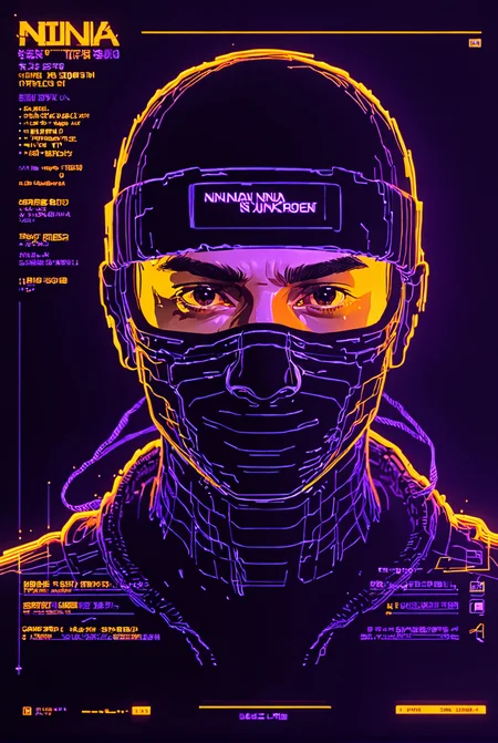 Ninja, hooded, aqua wireframe of 1boy, vhs grain, yellow lighting, orange reflections, CRT grain, white noise glitch, purple lineart, portrait, english text, UI display, HUD, cloaked
[high quality photo, 4k, hd, 7-AnalogueInterfaces, 7-vectors]
<lora:add-detail-xl:0.5> <lora:CRT Vectors v1.0:0.8>