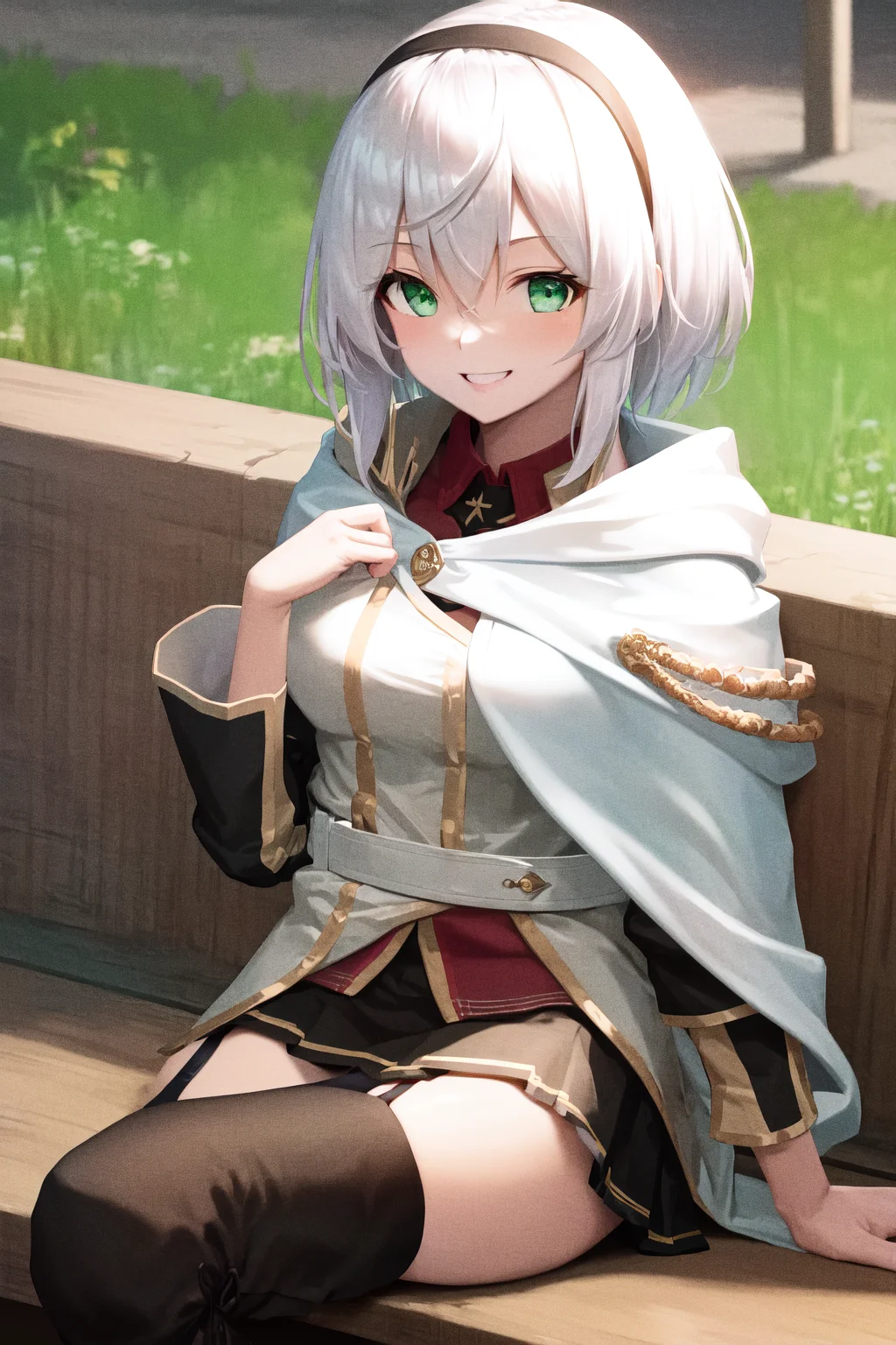 masterpiece, best quality, highres, 1girl amnesia green eyes short hair, white cape black skirt pleated skirt white jacket red shirt garter straps black thighhighs thigh boots <lora:amnesia:1> photorealistic, outdoors, sitting on bench, smile