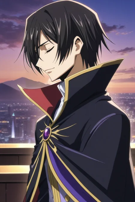 score_9, score_8_up, score_7_up, source_anime, rating_safe, intricate details, anime screencap, , official style, , , 1boy, solo, male focus, <lora:lelouch_lamperouge_pony:0.82>, lelouch_lamperouge, black hair, purple eyes, hair between eyes, bangs, , cape, from side, las vegas, casino, dusk, knees up, (closed eyes:1.2), smile, , scally cap, <lora:sdxl_lightning_8step_lora:1>