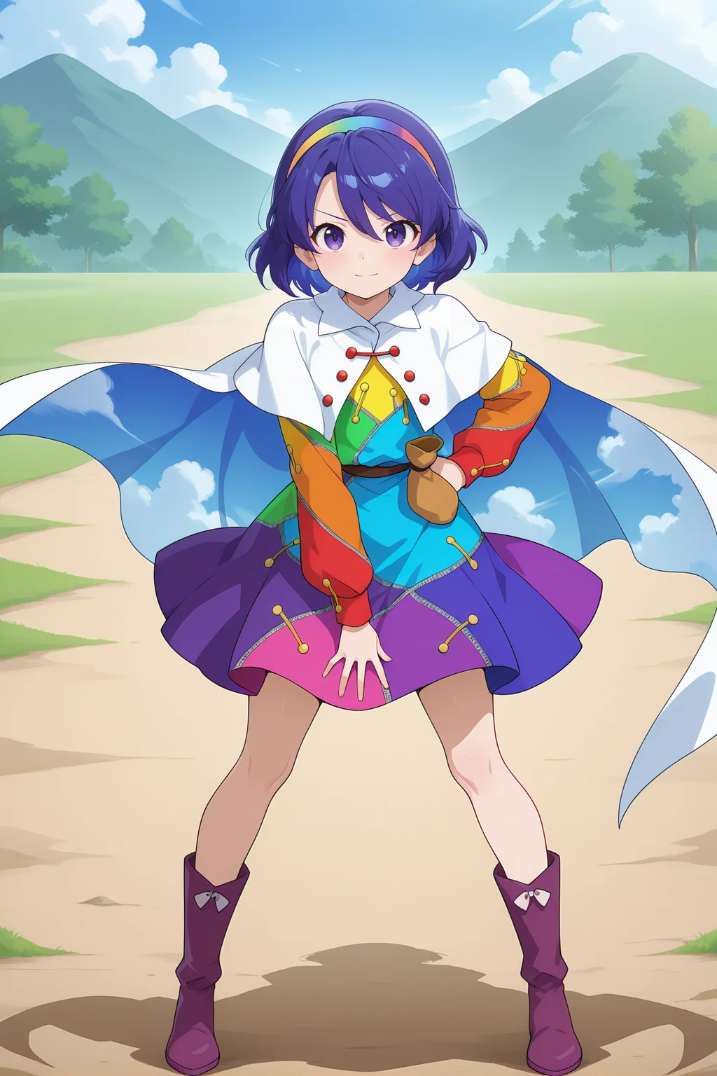 absurdres, highres, masterpiece, best quality, amazing quality, official anime artwork, screencap, anime screencap, outdoors, looking at viewer, light smile, dynamic pose, standing,
<lora:Chimata-Tenkyuu_Illustrious:1> tenkyuu chimata, 1girl, solo, purple eyes, blue hair, shot hair,, multicolored hairband, multicolored dress, long sleeves, white cape, purple boots