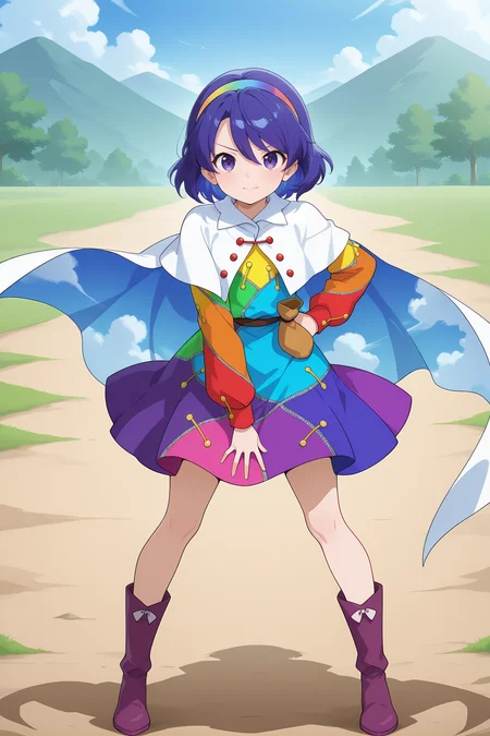 absurdres, highres, masterpiece, best quality, amazing quality, official anime artwork, screencap, anime screencap, outdoors, looking at viewer, light smile, dynamic pose, standing,
<lora:Chimata-Tenkyuu_Illustrious:1> tenkyuu chimata, 1girl, solo, purple eyes, blue hair, shot hair,, multicolored hairband, multicolored dress, long sleeves, white cape, purple boots