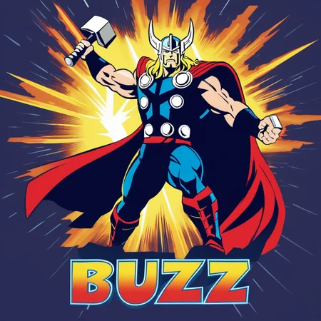 Thor is raising his hammer and yellow lightning strikes the hammer, with the text effect saying "Buzz... Buzz... Buzz..."