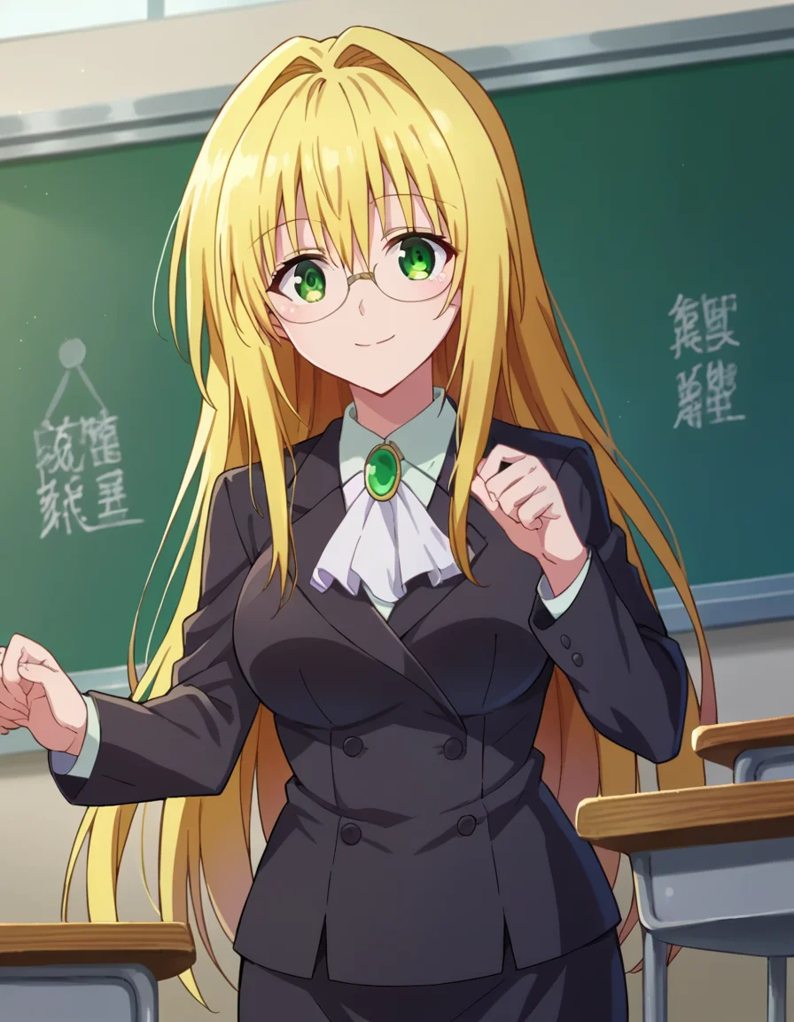 score_9, score_8_up, score_7_up, source_anime,
tearjulunatique, <lora:tearju-lunatique-ponyxl-lora-nochekaiser:1>,
tearju lunatique, long hair, blonde hair, green eyes, sidelocks, glasses, smile,
shirt, collared shirt, white shirt, suit, formal suit, long sleeves, ascot, white ascot, gemstone, green gemstone, skirt, pencil skirt,
indoors, classroom, teaching, chalkboard,
looking at viewer, cowboy shot, dutch angle, dynamic pose,