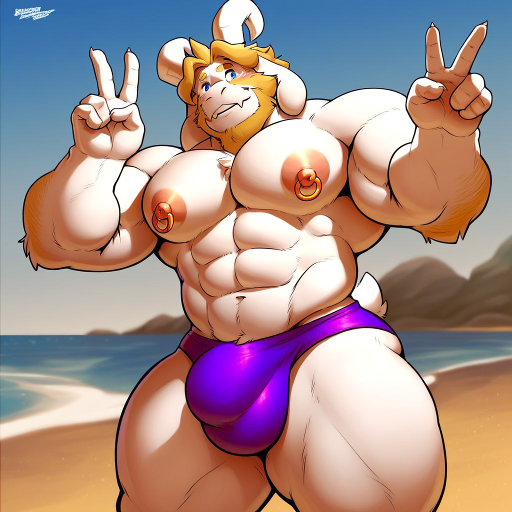 furry, Asgore Dreemurr, goat boy, older, mature, cartoon style, 2d, male, thick thighs, blue eyes, wide hips, voluptuous, blushing, smiling softly, sexy, peace sign with left hand, standing, purple speedo, large bulge, topless, muscular male, abs, large pectorals, big nipples, gold nipple ring piercings, beach, solo, score_9, score_8_up, score_7_up, score_6_up, score_5_up, score_4_up,
