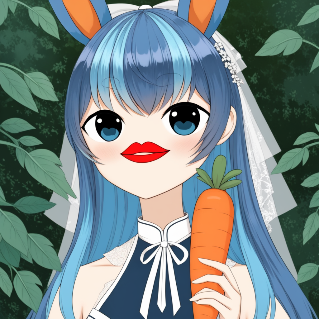 uruka, meme alternative outfit, thick lips, bangs, blue eyes, blue hair,  eyebrows visible through hair, hair between eyes, nose-less, 
outdoors, holding a large carrot, wedding outfit, 
 <lora:URUKA-XL-t4-000004:0.6>