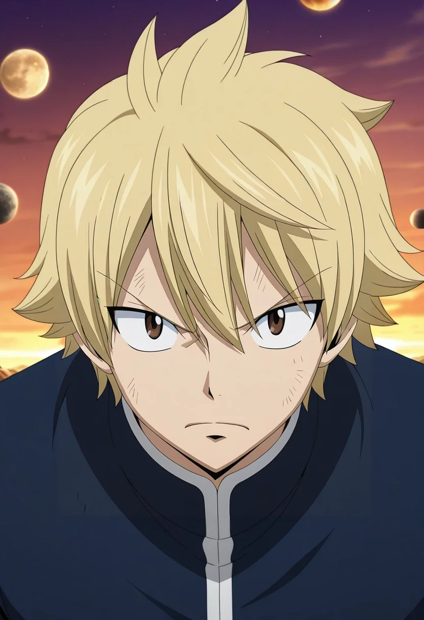 masterpiece, best quality, anime screencap, anime coloring, official style, intricate details, looking at viewer, 1boy, male focus, 1boy, zenitsu agatsuma, blonde hair, brown eyes, solo, barren planet, rusted structures, sandstorms, distant moons, scavenging pose, determined expression, golden hour, <lora:fairy_tail_style_ilxl:1>, fairy_tail_style,