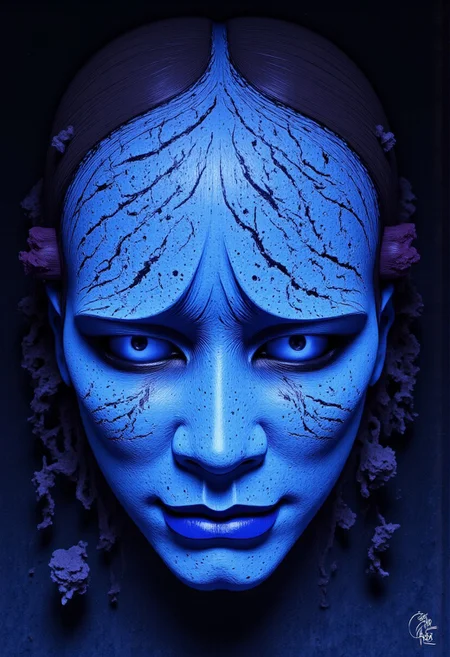 high definition digital animation depicting a cursed no-face mask radiating an eerie cyan and magenta aura displayed in a liminal bonsai garden, Studio Ghibli Dark Fairytale