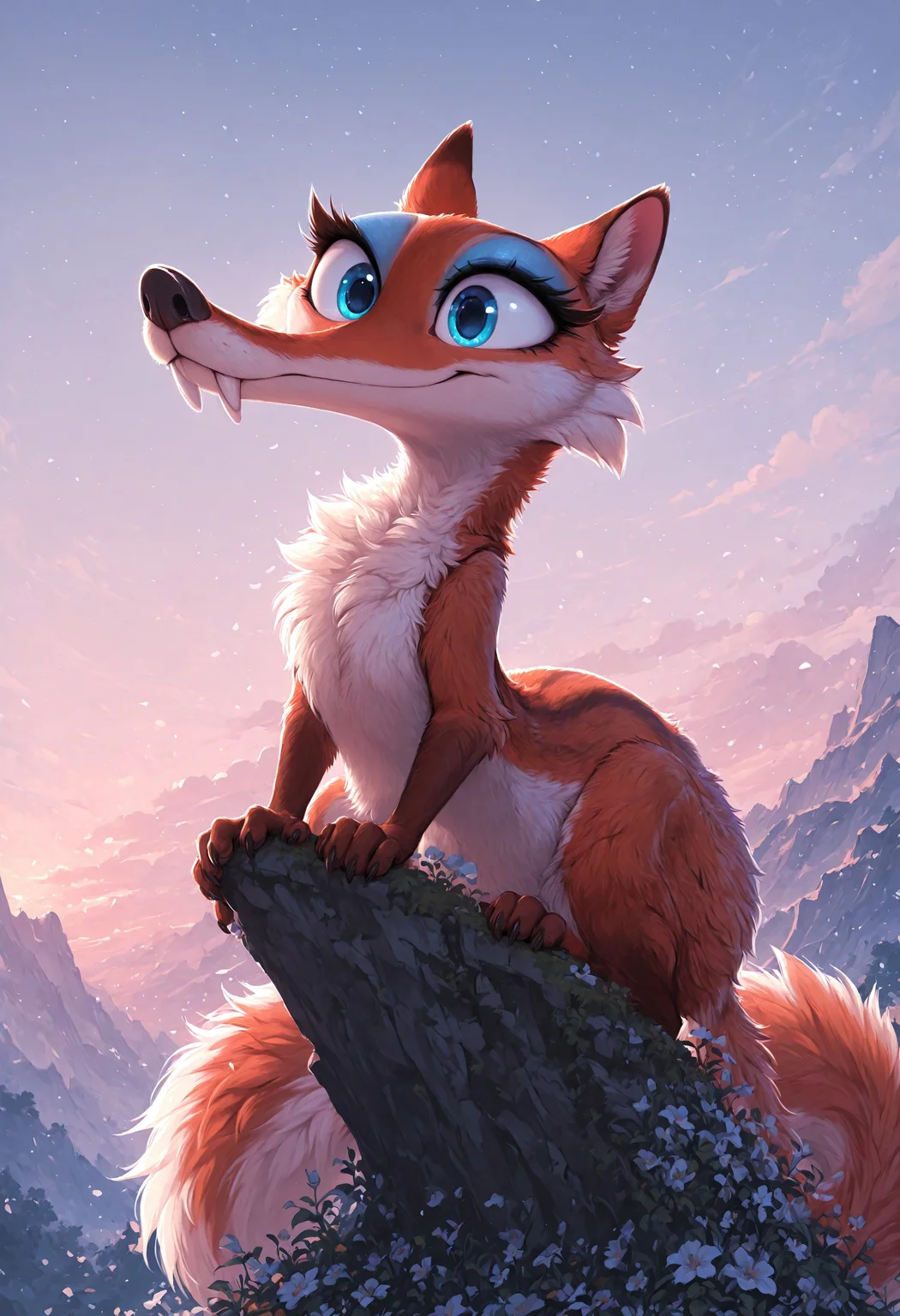 masterpiece, (best quality:1.1), ultra-detailed, high resolution, solo, highly detailed macro illustration, bkomadori, aesthetic BREAK scratte, squirrel, feral, red-brown fur, saber-toothed, (beautiful blue eyes:1.3), (fluffy tail:1.2), adorable, (cute expression, cute face:1.3), blue eyeshadow, long eyelashes, BREAK outside, glade, flowers, spring, dynamic, rocky mountain, stormy sky, sharp focus, perfect lighting, anatomically correct, extremely detailed, tranquil setting, high detail, serene, detailed background