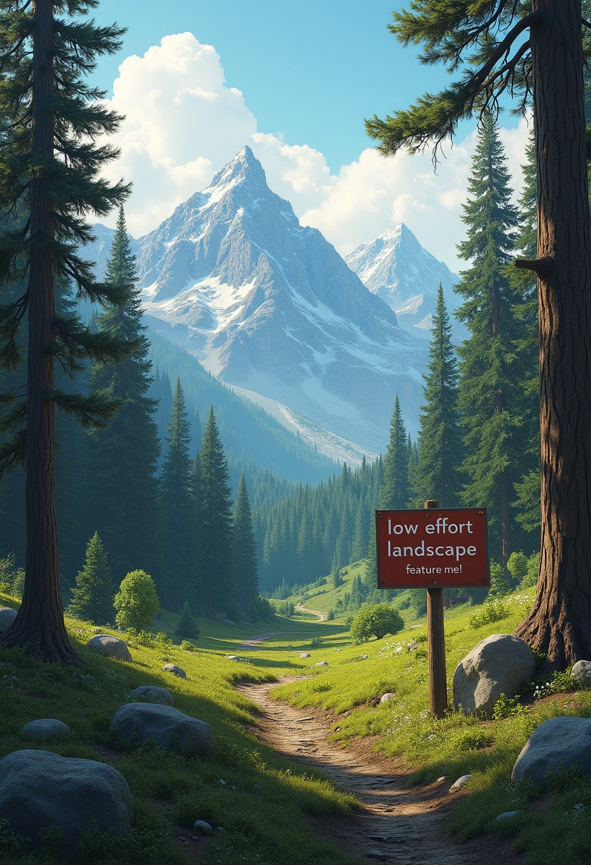 Very fancy detailed photorealistic forest, mountains in background, with sign in ground that says "low effort landscape, feature me!"