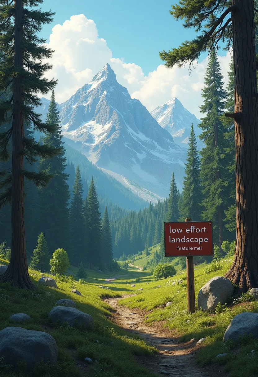 Very fancy detailed photorealistic forest, mountains in background, with sign in ground that says "low effort landscape, feature me!"