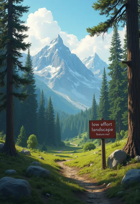Very fancy detailed photorealistic forest, mountains in background, with sign in ground that says "low effort landscape, feature me!"