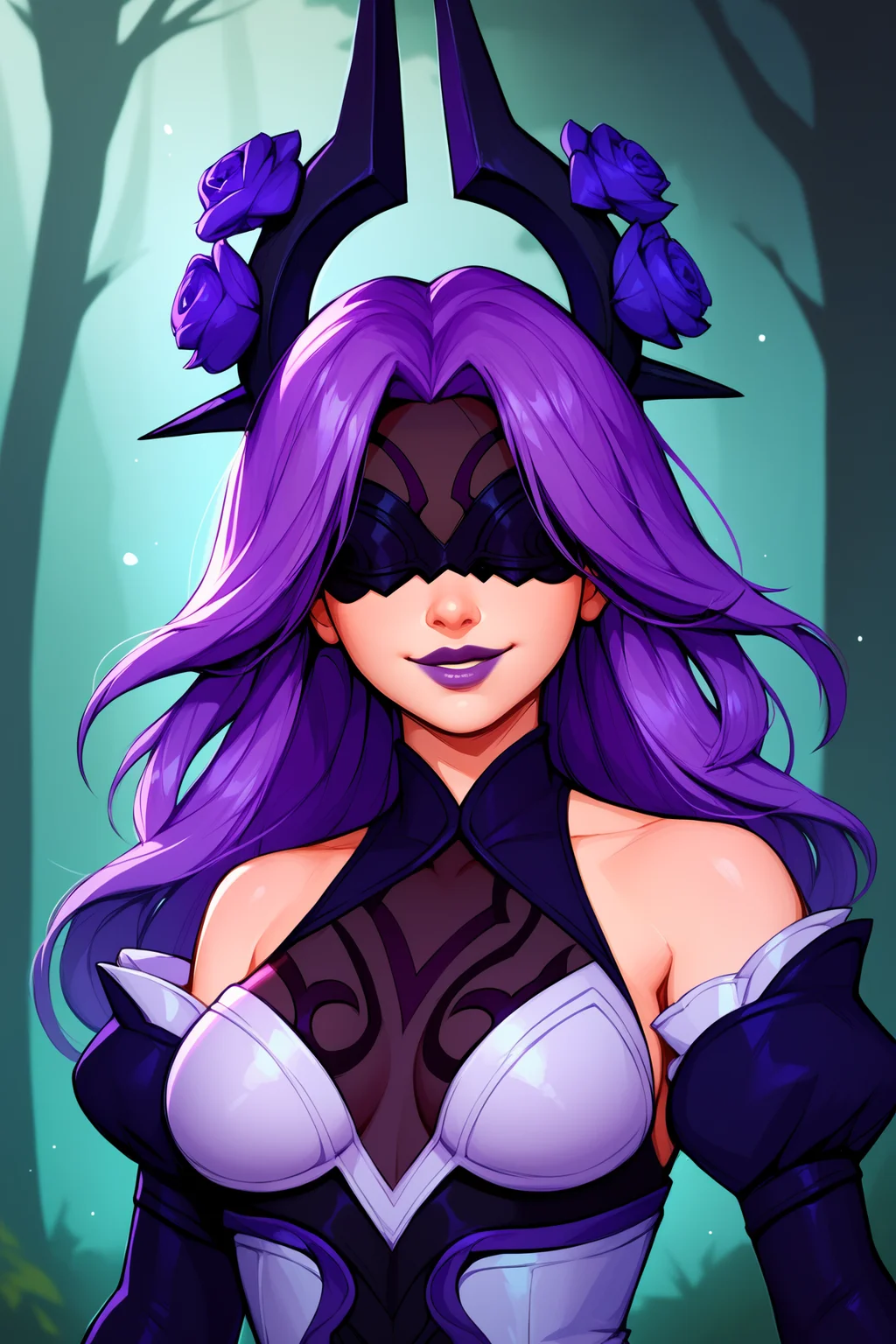 score_9, score_8_up, score_7_up, score_6_up, BREAK, SyndraWRoseXL, purple lips, black blindfold, purple hair, long hair, parted bangs, hair ornament with purple rose, medium breasts, detached sleeves, white dress, puffy sleeves, purple elbow gloves, solo, front view, (portrait, upper body), solo focus, seductive smile, forest <lora:SyndraWRoseXL:0.9>