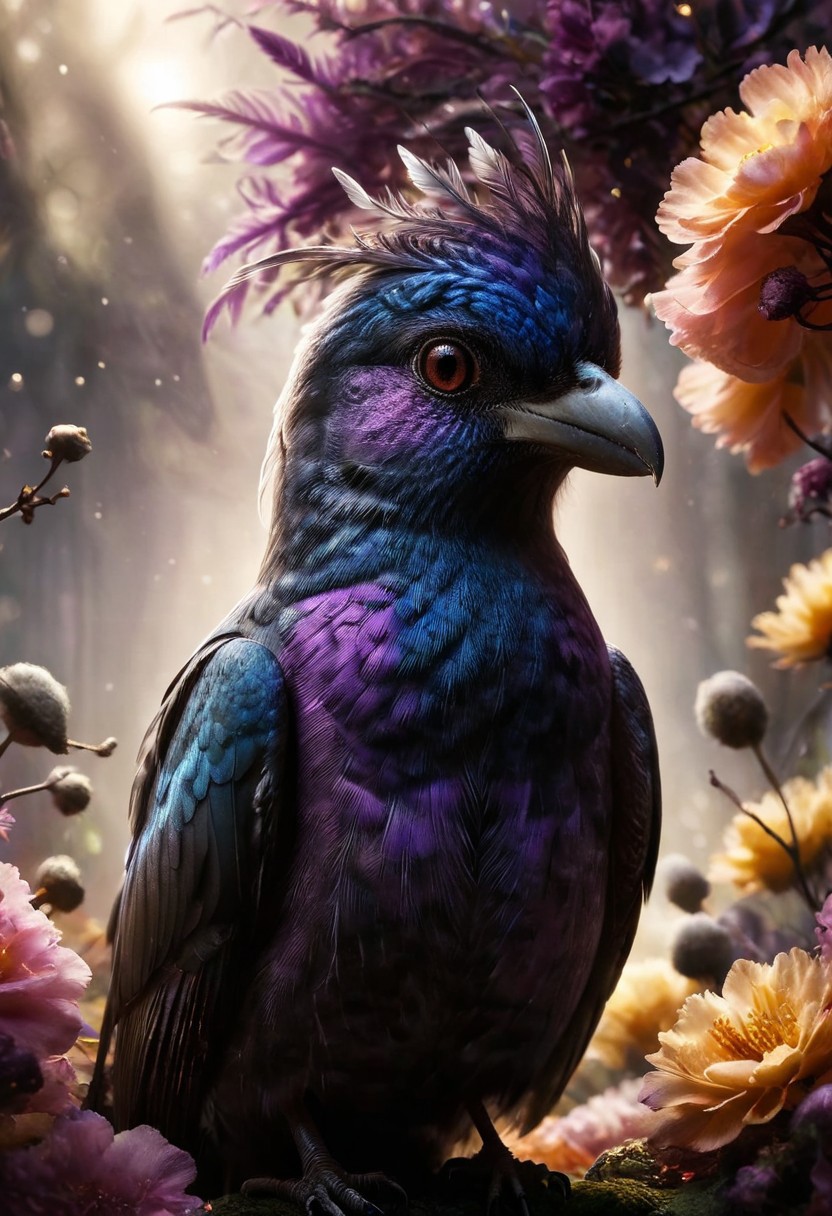 ral-apoctvisn, dark, chiaroscuro, low-key, breathtaking masterpiece showcasing a gorgeous little bird, Violet-crowned nymph,  bathed in soft, golden morning light, surrounded by vibrant bokeh balls that frame its delicate form. The image will be rendered in sharp detail, capturing every feather and intricate feature of the bird with stunning clarity. The soft, diffused lighting will enhance the warmth and radiance of its plumage, while high-quality bokeh adds a magical touch to the scene. Multiple image exposures will be expertly combined to emphasize the bird's vibrant colors and captivating gaze, resulting in a lifelike portrayal of tranquil beauty.
The artwork will feature shimmering digital colors in a mixed media style on textured paper, creating an overlapping, asymmetrical, abstract composition bursting with vibrant hues. Every inch of the image will be filled with intricate details, from the feathers of the nymph to the surrounding environment, all depicted in extreme detail. The wide range of colors will add depth and richness to the scene, with soft shadows and low saturation tones creating a serene yet evocative atmosphere.
With insane quality, resolution, and details, the final image will be a true masterpiece of nature photography, showcasing dramatic, dynamic, and cinematic elements. The sharp details will bring the scene to life, immersing viewers in the beauty and wonder of the Violet-crowned nymph in a way that is both breathtaking and captivating.