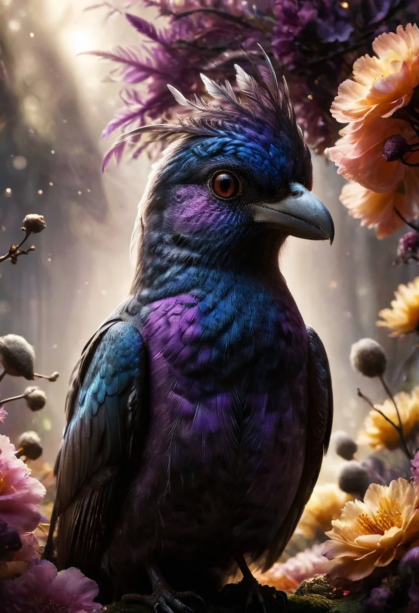 ral-apoctvisn, dark, chiaroscuro, low-key, breathtaking masterpiece showcasing a gorgeous little bird, Violet-crowned nymph, bathed in soft, golden morning light, surrounded by vibrant bokeh balls that frame its delicate form. The image will be rendered in sharp detail, capturing every feather and intricate feature of the bird with stunning clarity. The soft, diffused lighting will enhance the warmth and radiance of its plumage, while high-quality bokeh adds a magical touch to the scene. Multiple image exposures will be expertly combined to emphasize the bird's vibrant colors and captivating gaze, resulting in a lifelike portrayal of tranquil beauty.
The artwork will feature shimmering digital colors in a mixed media style on textured paper, creating an overlapping, asymmetrical, abstract composition bursting with vibrant hues. Every inch of the image will be filled with intricate details, from the feathers of the nymph to the surrounding environment, all depicted in extreme detail. The wide range of colors will add depth and richness to the scene, with soft shadows and low saturation tones creating a serene yet evocative atmosphere.
With insane quality, resolution, and details, the final image will be a true masterpiece of nature photography, showcasing dramatic, dynamic, and cinematic elements. The sharp details will bring the scene to life, immersing viewers in the beauty and wonder of the Violet-crowned nymph in a way that is both breathtaking and captivating.